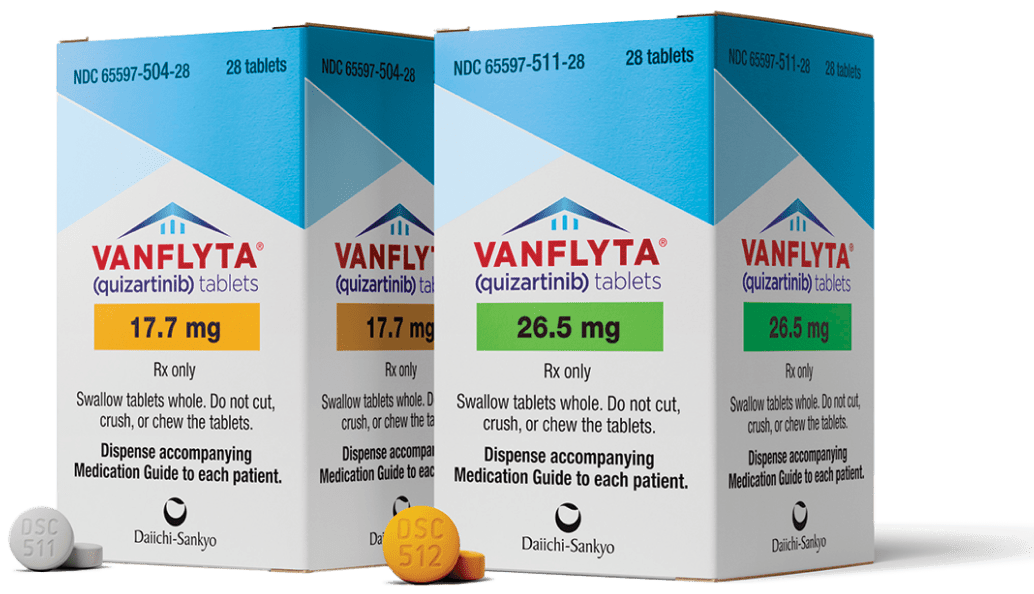 VANFLYTA® (quizartinib) prescription boxes: 17.7mg and 26.5mg 